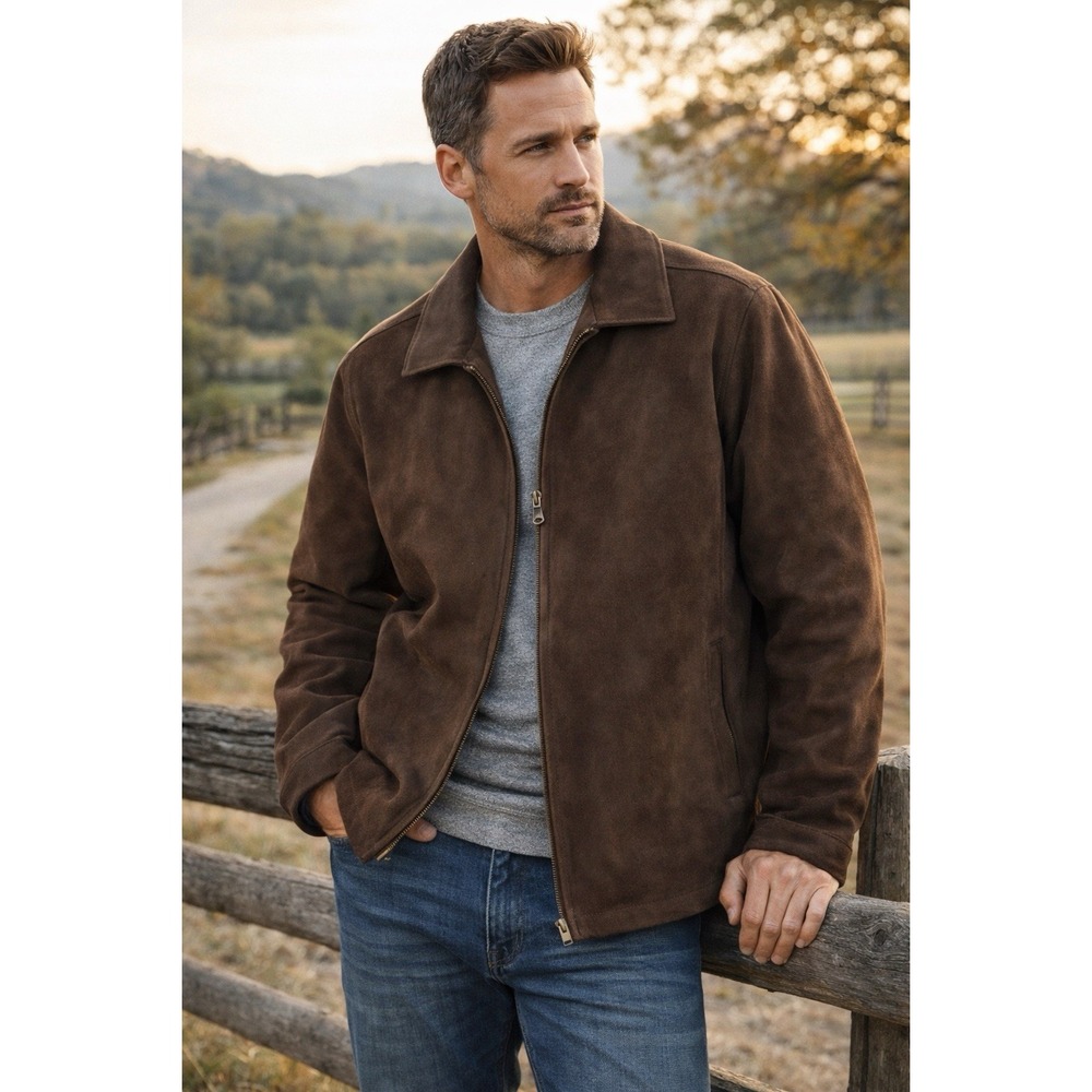 Weatherproof Weather Report Mens XL Brown Suede Leather Full Zip Jacket Bomber